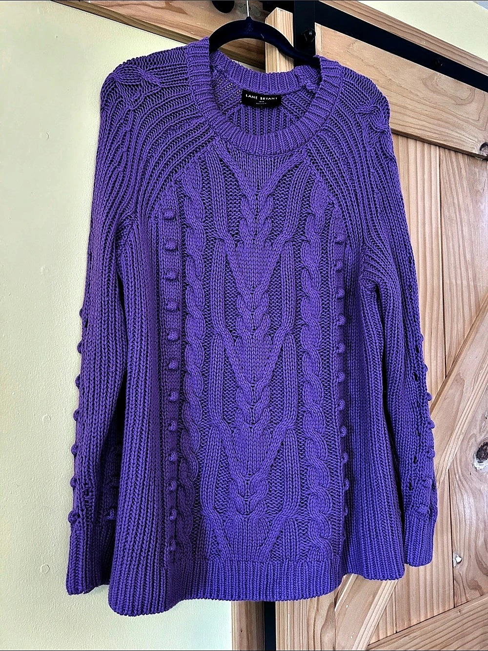 Lane Bryant Cable-Knit Bobble Pullover Sweater Purple 14/16